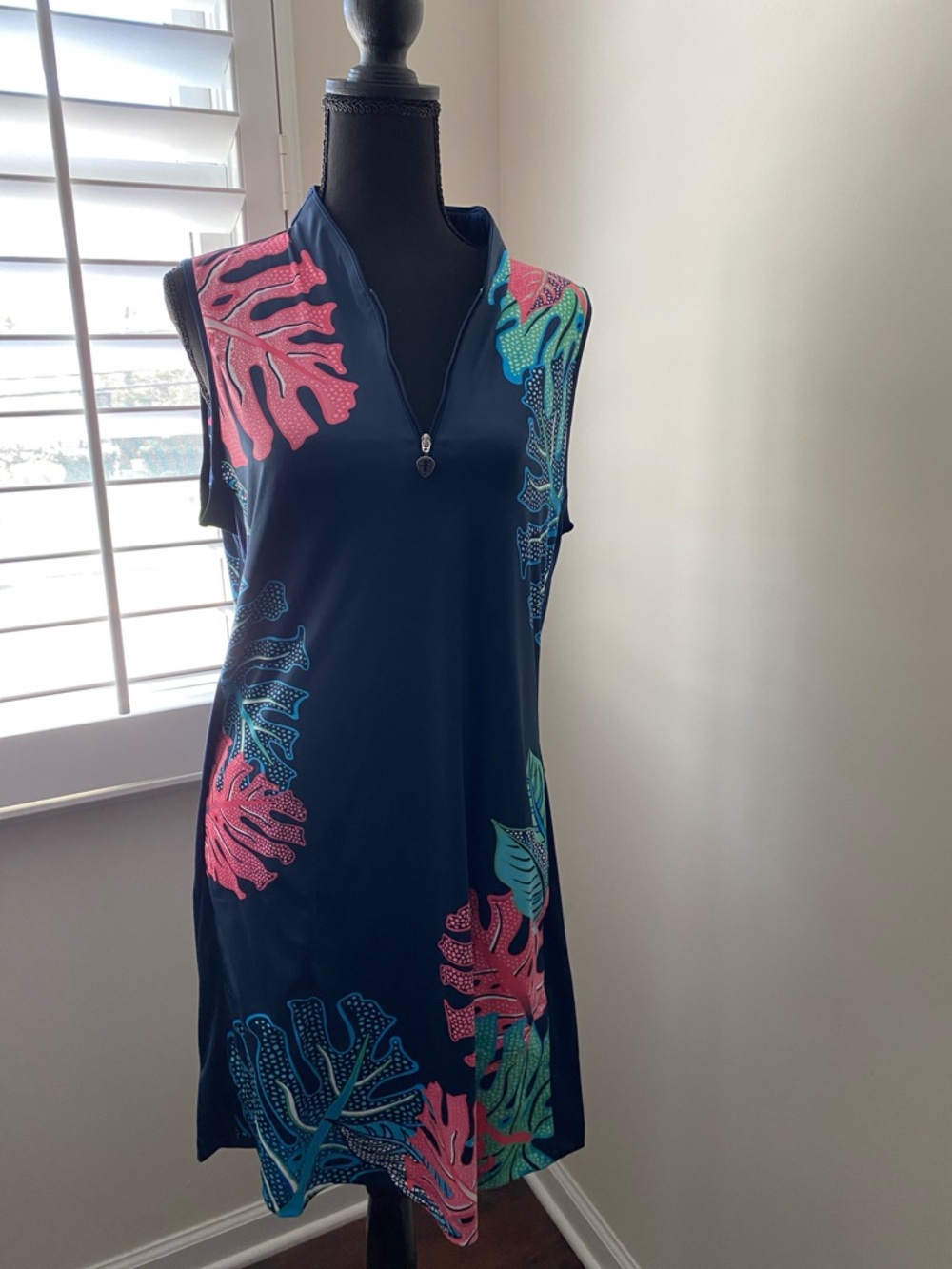 Greg Norman Sleeveless Navy Golf/Performance Dress with Pink & Teal Leaf Print